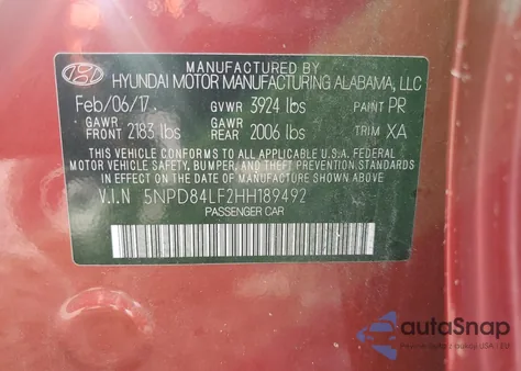 2017 Hyundai Elantra Se z USA, uszkodzony, nr VIN 5NPD84LF2HH189492